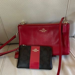 Red Coach Lyla pebble leather double zipper cross body and matching wristlet.